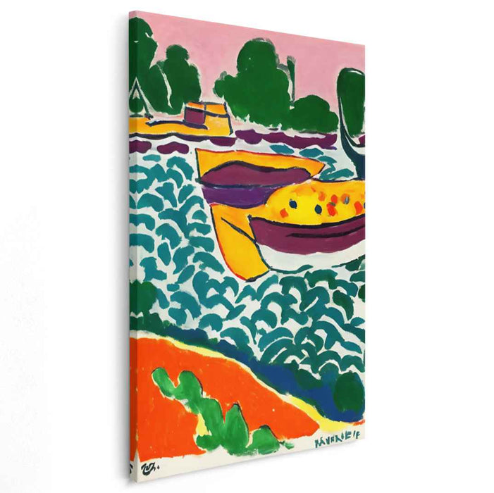 Vibrant Boats on a River: Fauvist Color Symphony Canvas Art Print