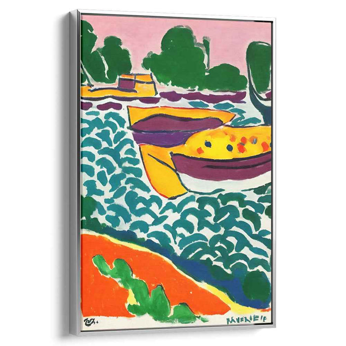 Vibrant Boats on a River: Fauvist Color Symphony Canvas Art Print