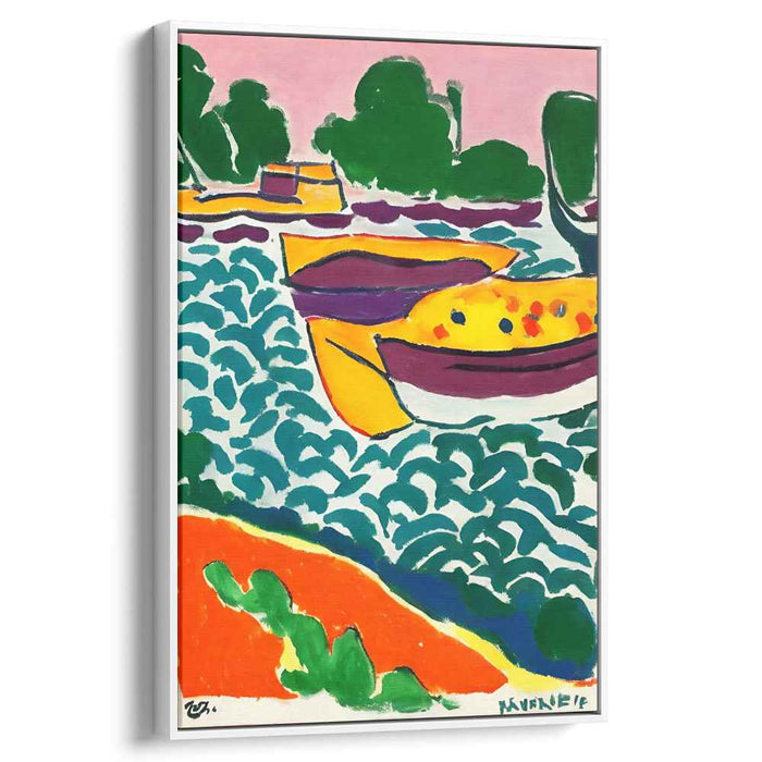 Vibrant Boats on a River: Fauvist Color Symphony Canvas Art Print