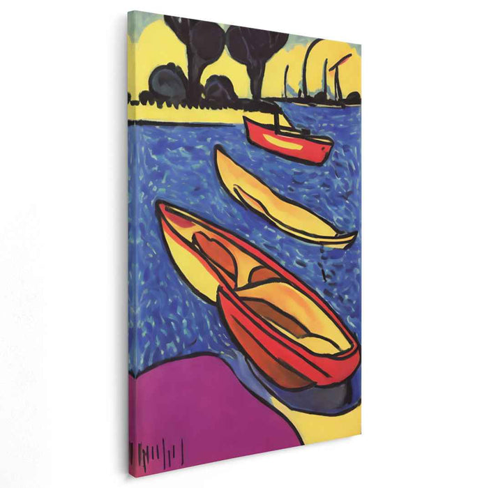 Vivid Lakeside Boats: Contemporary Fauvist Style Canvas Art Print