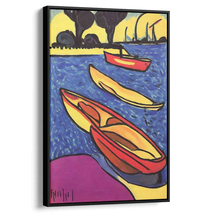 Vivid Lakeside Boats: Contemporary Fauvist Style Canvas Art Print