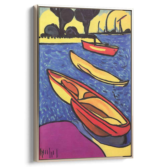 Vivid Lakeside Boats: Contemporary Fauvist Style Canvas Art Print