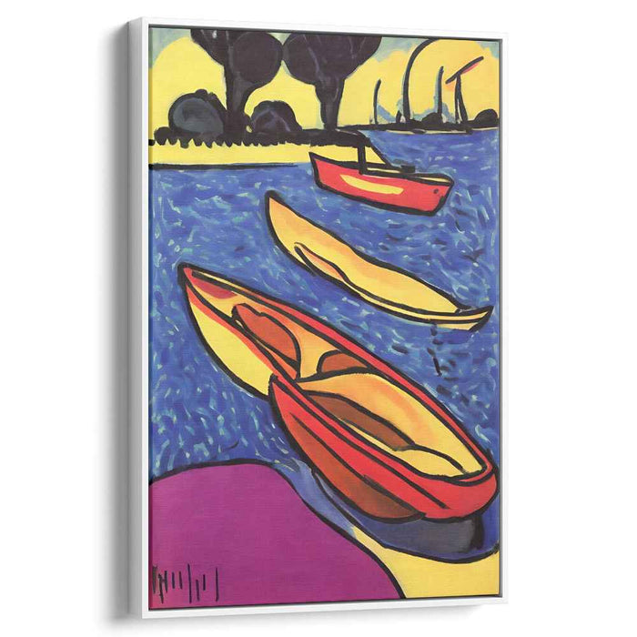 Vivid Lakeside Boats: Contemporary Fauvist Style Canvas Art Print