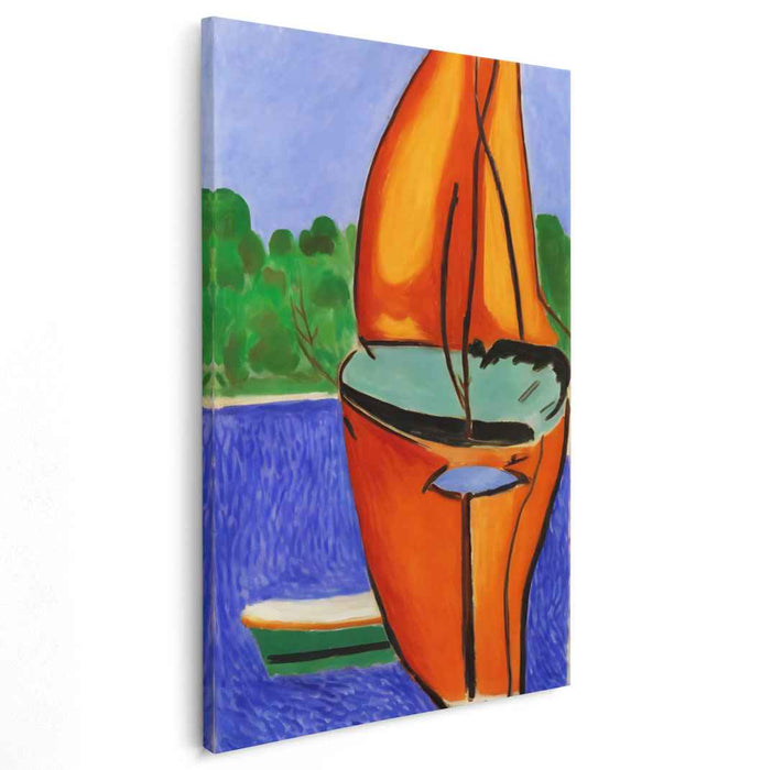 Vivid Voyage: Abstract Sailboat in Fiery Orange and Blue Canvas Art Print