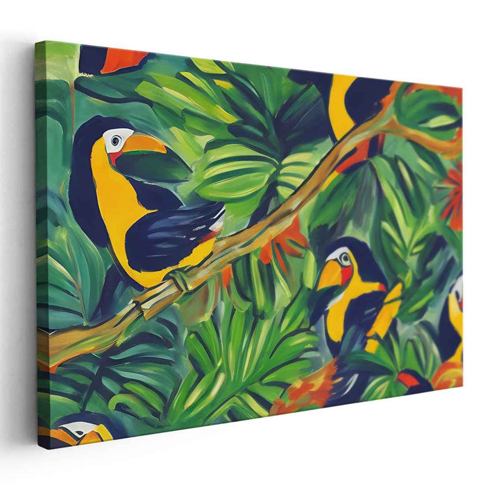 Jungle Melody: Vibrant Toucans in a Lush Jungle Canvas Art Print