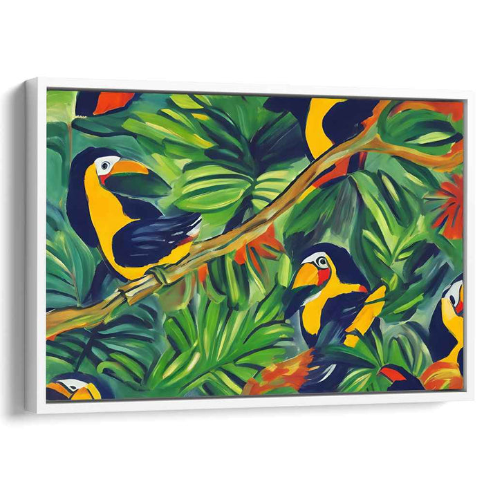Jungle Melody: Vibrant Toucans in a Lush Jungle Canvas Art Print