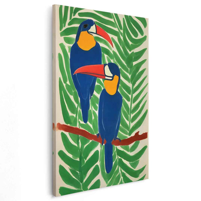 Tropical Treasures: Vibrant Parrot Duo Amidst Lush Foliage Canvas Art