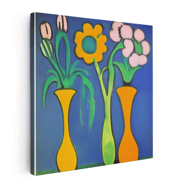 Cerulean Botanical Symphony: Colorful Floral Arrangements on Blue Canvas Art Print