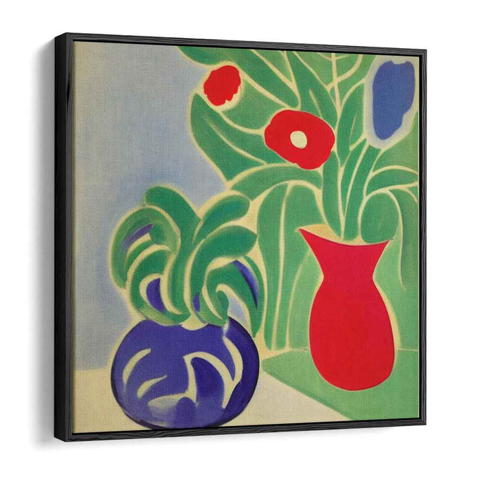 Chromatic Symphony in Stillness: Modern Still Life with Red and Blue Vases