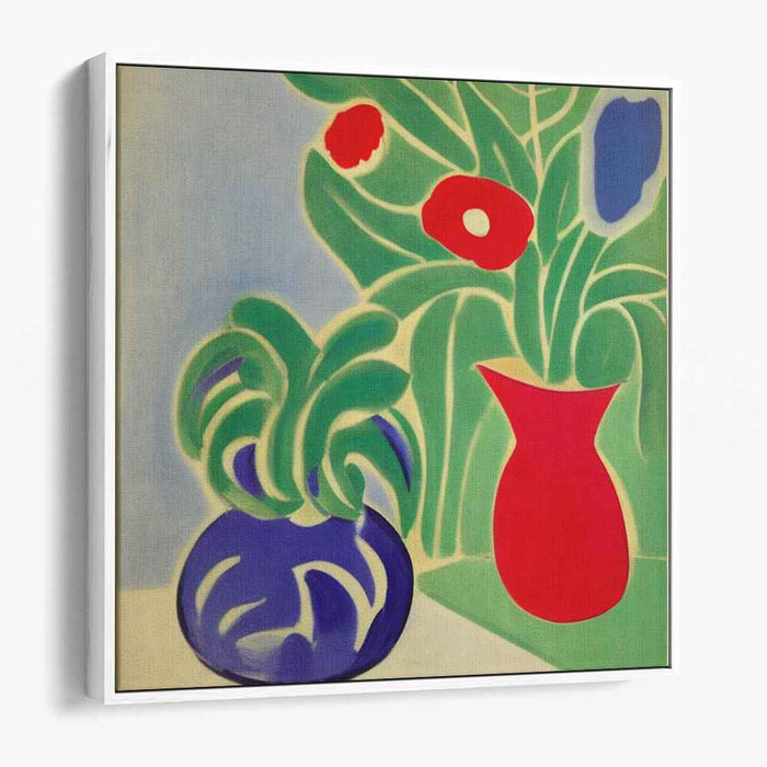 Chromatic Symphony in Stillness: Modern Still Life with Red and Blue Vases