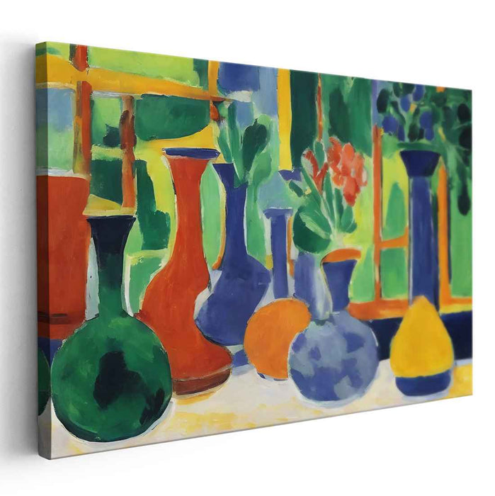 Lush Bounty: Fauvist Still Life with Colorful Vases and Fruits