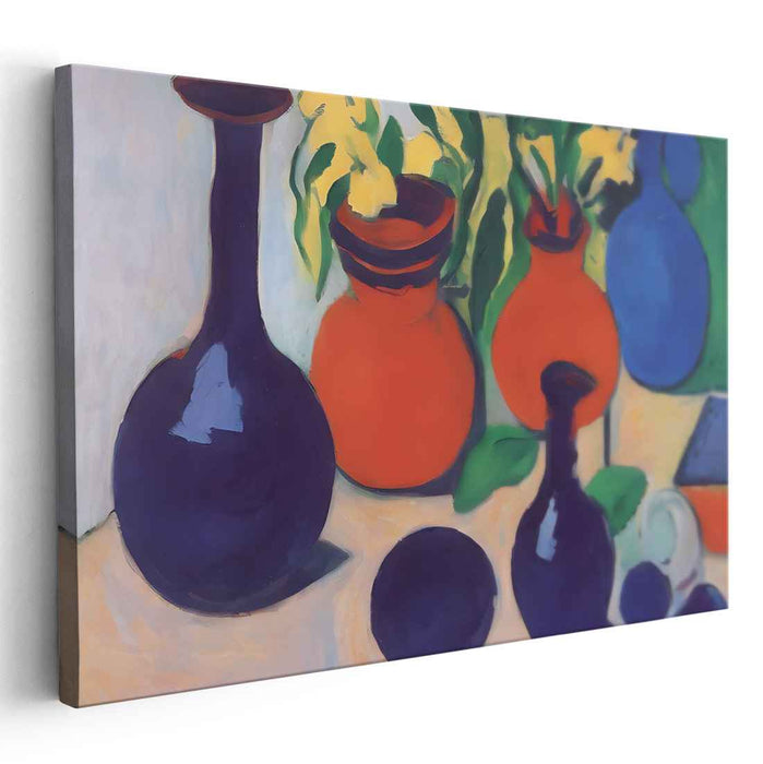 Vivid Harmony Blooms: Bold Fauvist-Inspired Still Life with Colorful Vases