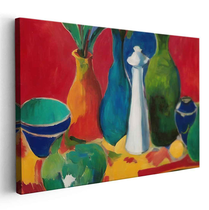 Colorful Pottery Harvest Abundance: Vibrant Still Life with Ceramics and Fruit Canvas Art