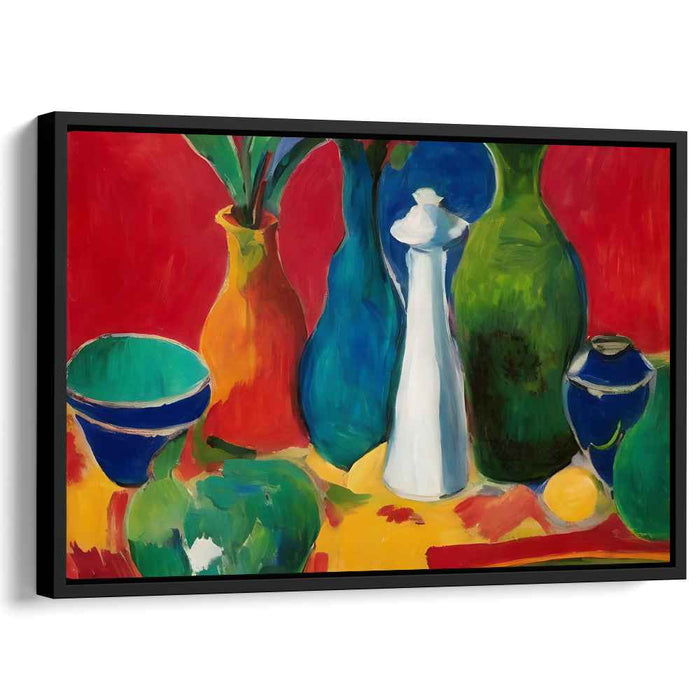 Colorful Pottery Harvest Abundance: Vibrant Still Life with Ceramics and Fruit Canvas Art
