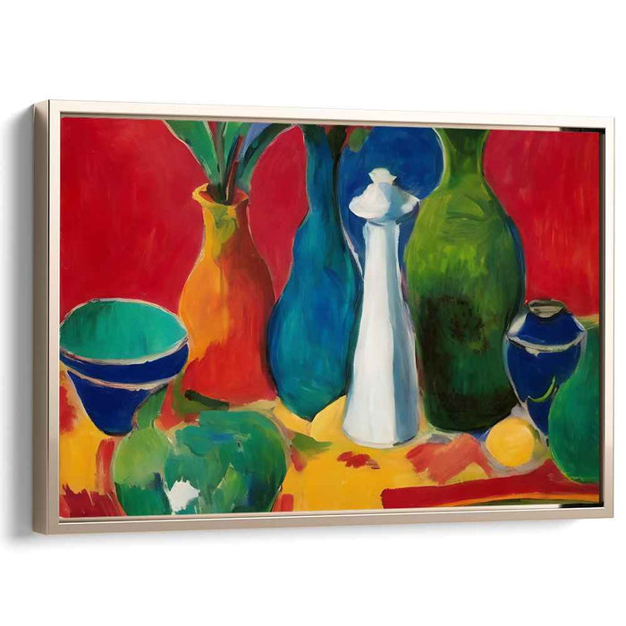 Colorful Pottery Harvest Abundance: Vibrant Still Life with Ceramics and Fruit Canvas Art