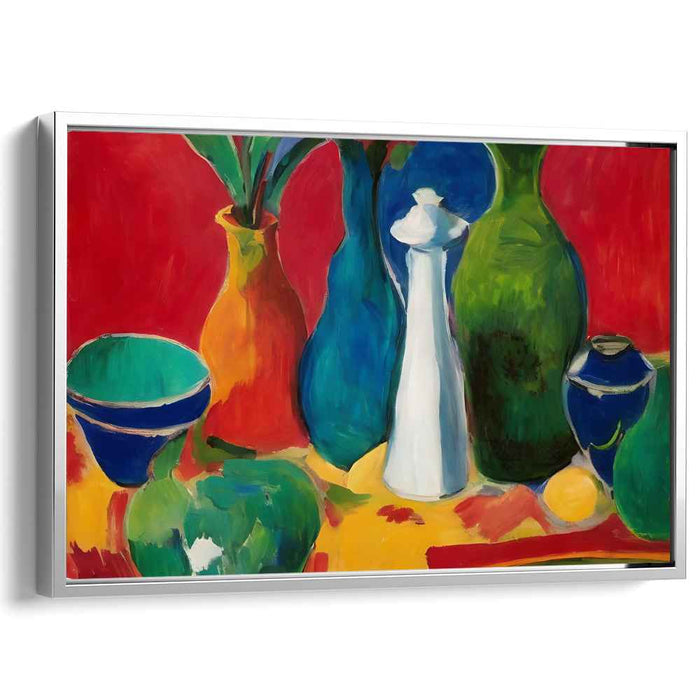 Colorful Pottery Harvest Abundance: Vibrant Still Life with Ceramics and Fruit Canvas Art