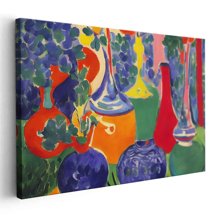 Wild Blooms in Color Harmony: Fauvist Inspired Still Life with Vases Canvas Art Print