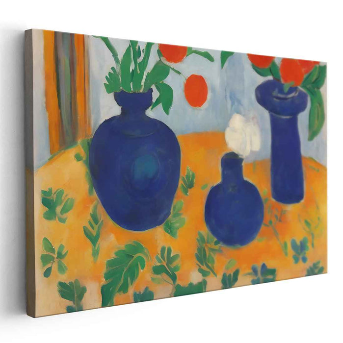 Contrast in Still Life: Bold Blue Vases with Red Flowers on Orange Tablecloth