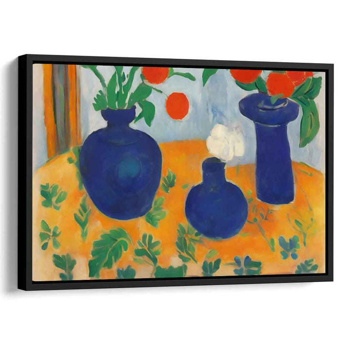 Contrast in Still Life: Bold Blue Vases with Red Flowers on Orange Tablecloth
