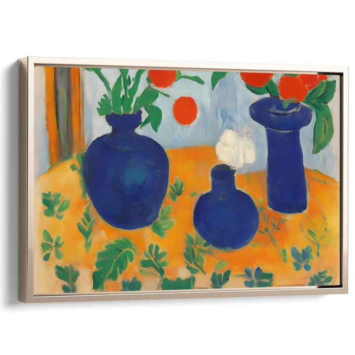 Contrast in Still Life: Bold Blue Vases with Red Flowers on Orange Tablecloth