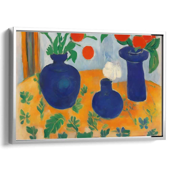 Contrast in Still Life: Bold Blue Vases with Red Flowers on Orange Tablecloth