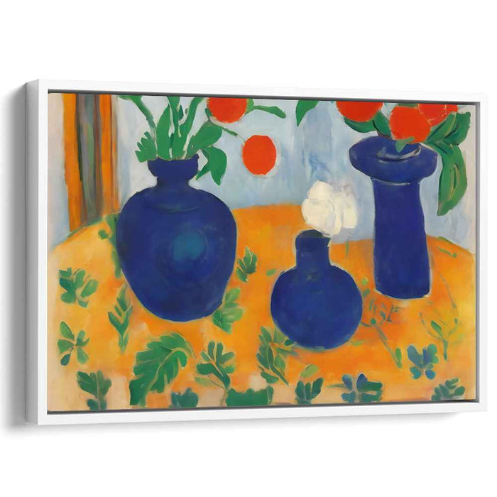 Contrast in Still Life: Bold Blue Vases with Red Flowers on Orange Tablecloth