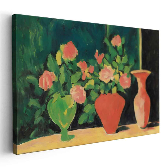 Blush Petals Dance in Crimson: Post-Impressionist Pink Roses in Red Vase Canvas Art
