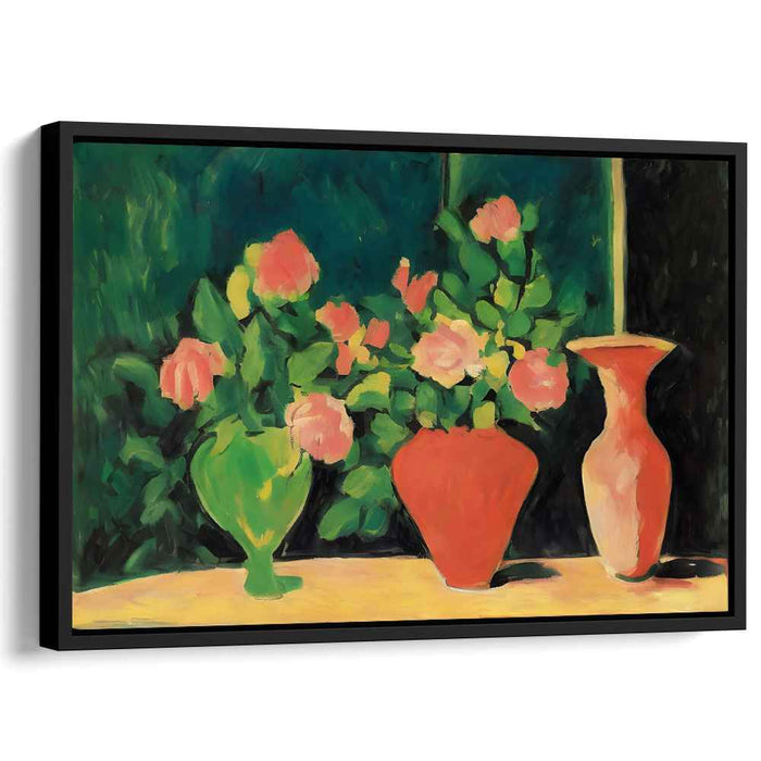 Blush Petals Dance in Crimson: Post-Impressionist Pink Roses in Red Vase Canvas Art