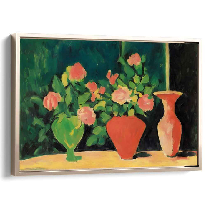Blush Petals Dance in Crimson: Post-Impressionist Pink Roses in Red Vase Canvas Art