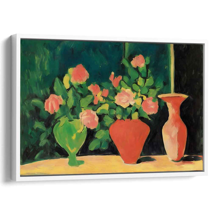 Blush Petals Dance in Crimson: Post-Impressionist Pink Roses in Red Vase Canvas Art
