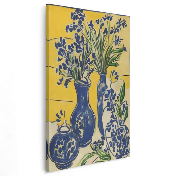 Cerulean Blooms Among Amber Silence: Blue Blossoms in Radiant Yellow Still Life Canvas Art