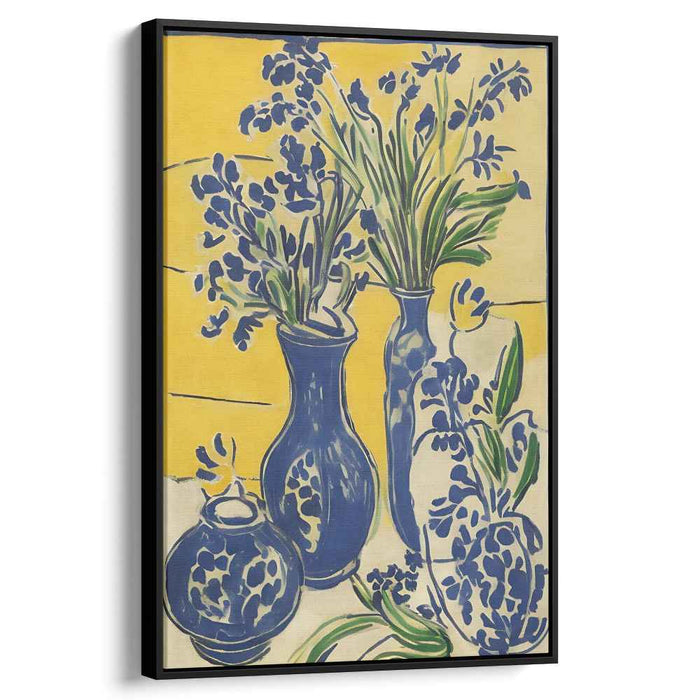 Cerulean Blooms Among Amber Silence: Blue Blossoms in Radiant Yellow Still Life Canvas Art