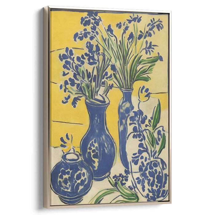 Cerulean Blooms Among Amber Silence: Blue Blossoms in Radiant Yellow Still Life Canvas Art