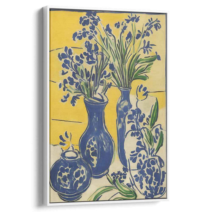 Cerulean Blooms Among Amber Silence: Blue Blossoms in Radiant Yellow Still Life Canvas Art