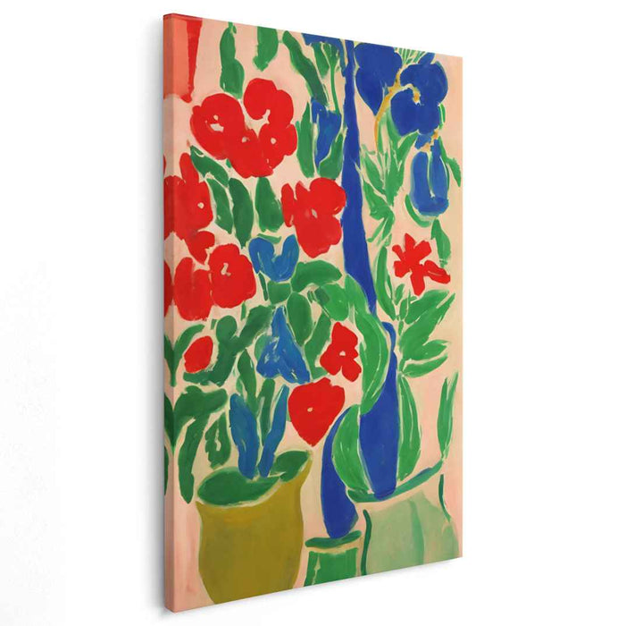 Crimson Wave Blossom: Bold Red and Blue Floral Abstract Canvas Art Print