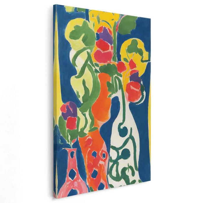 Sapphire Blossoms Dance Freely: Vibrant Floral Vase on Royal Blue Canvas Art