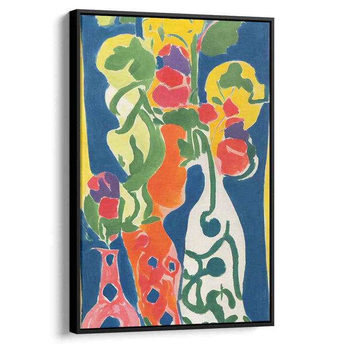Sapphire Blossoms Dance Freely: Vibrant Floral Vase on Royal Blue Canvas Art