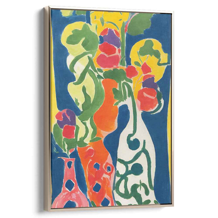 Sapphire Blossoms Dance Freely: Vibrant Floral Vase on Royal Blue Canvas Art