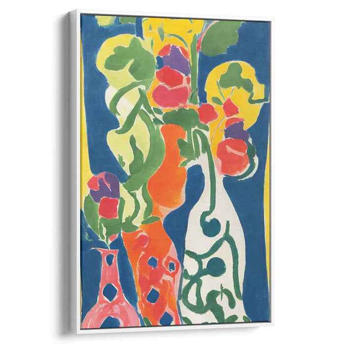 Sapphire Blossoms Dance Freely: Vibrant Floral Vase on Royal Blue Canvas Art