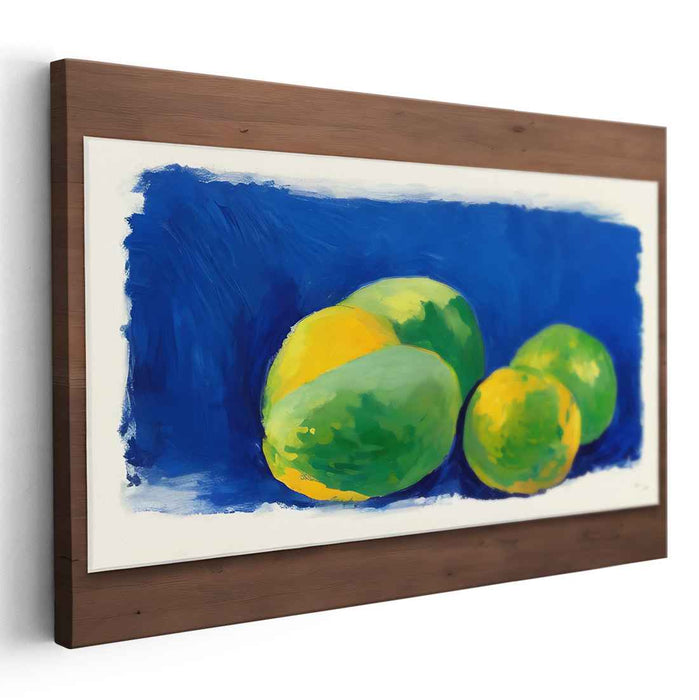 Tropical Blue Mirage: Vibrant Mangoes on Deep Blue Canvas Art Print