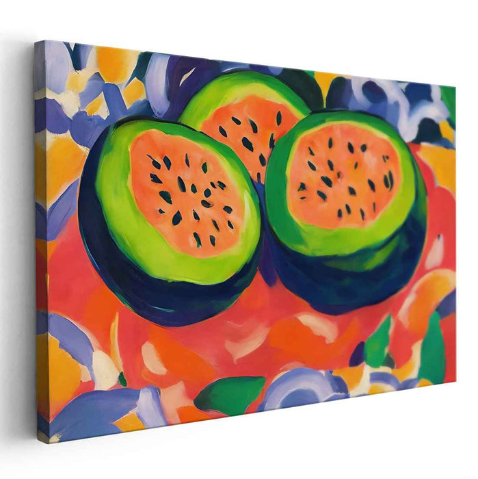 Juicy Melon Fiesta: Vibrant Fauvist Watermelon Still Life Canvas Art Print