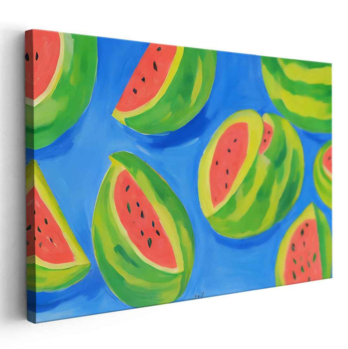 Sweet Melon Symphony: Vibrant Watermelon Slices on Azure Canvas Art