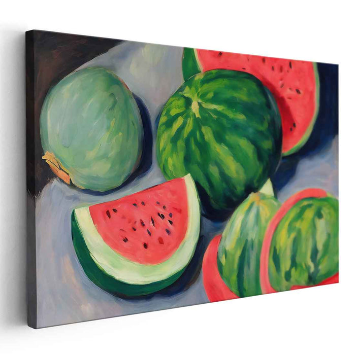 Juicy Melon Symphony: Vibrant Watermelon Still Life Canvas Art Print