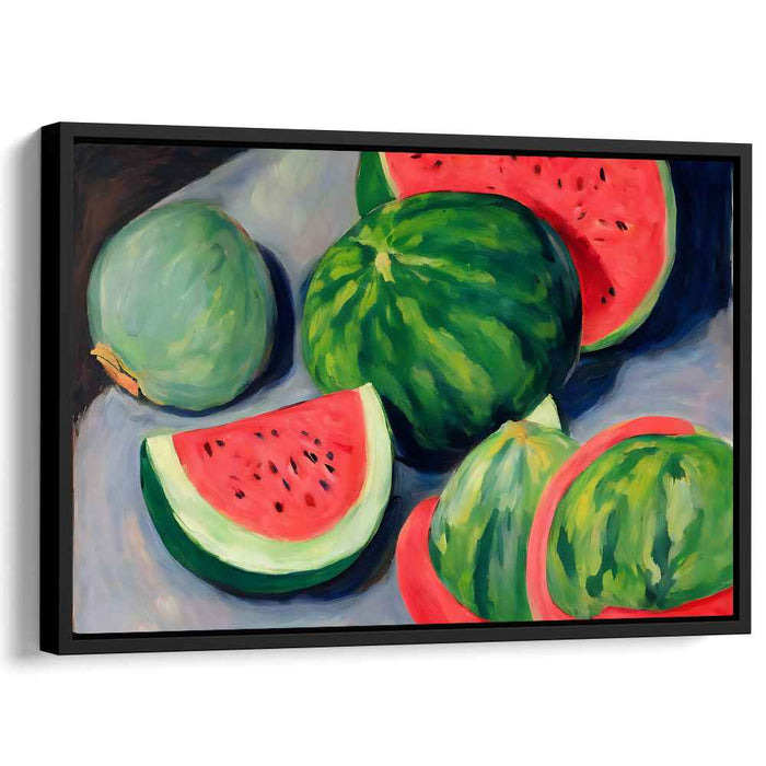 Juicy Melon Symphony: Vibrant Watermelon Still Life Canvas Art Print