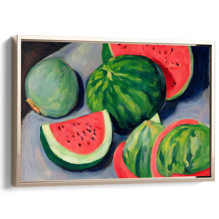 Juicy Melon Symphony: Vibrant Watermelon Still Life Canvas Art Print