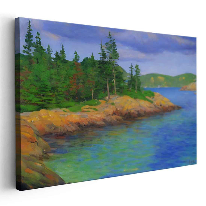 Pine Shore Serenity: Serene Landscape Painting of Evergreen Shoreline