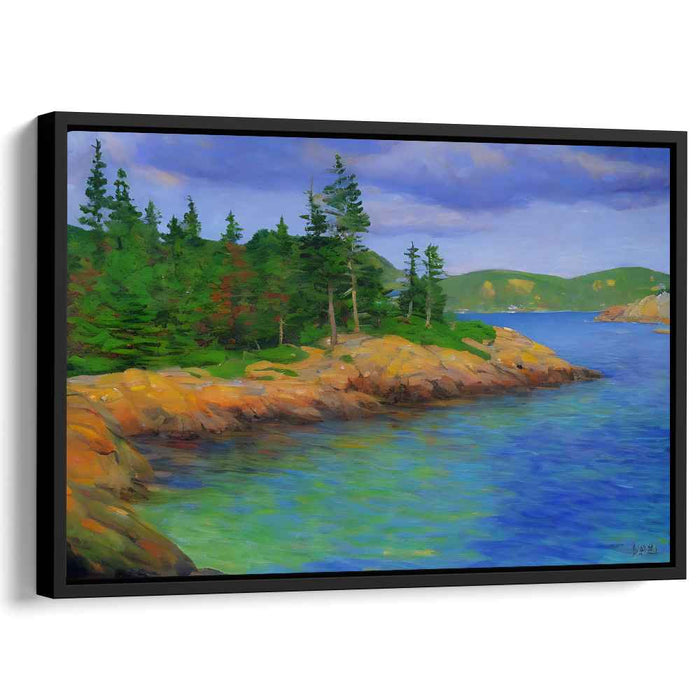 Pine Shore Serenity: Serene Landscape Painting of Evergreen Shoreline