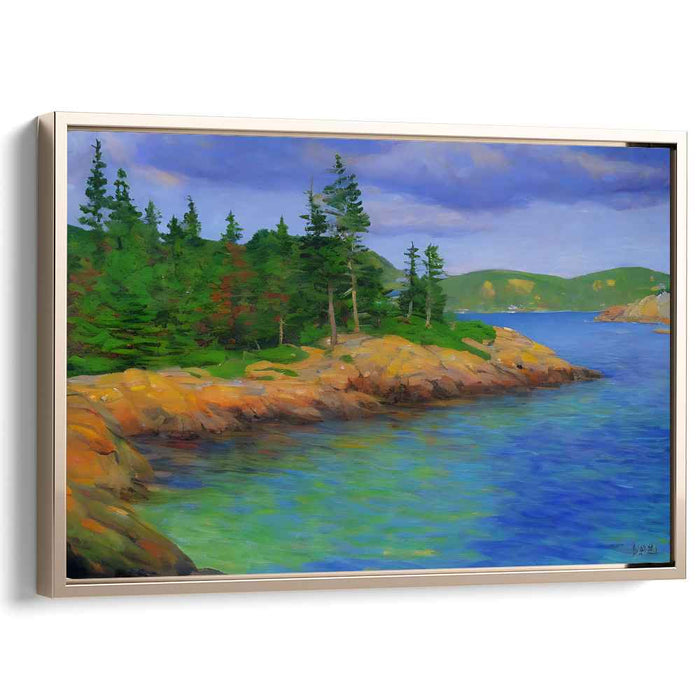 Pine Shore Serenity: Serene Landscape Painting of Evergreen Shoreline