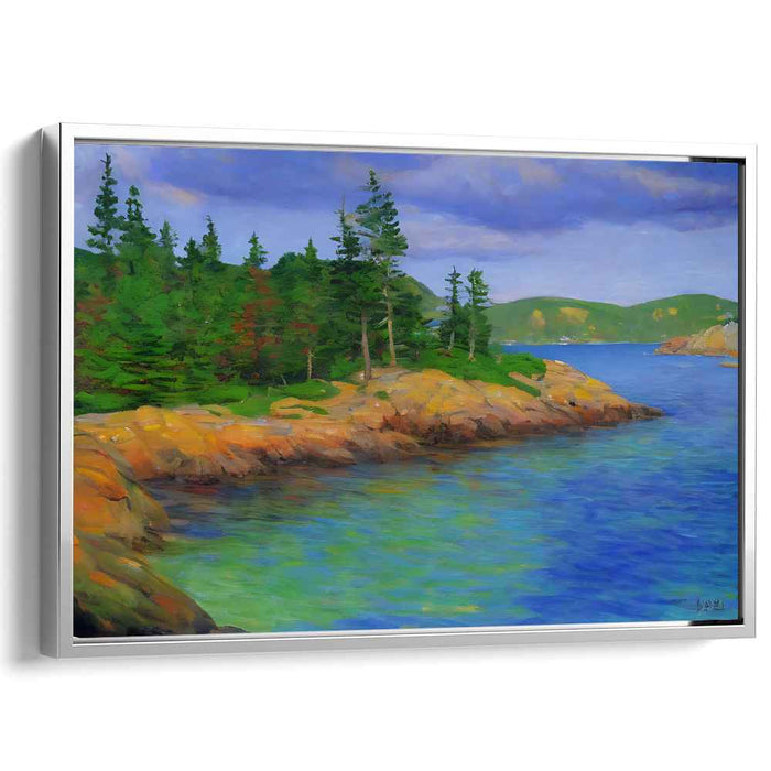 Pine Shore Serenity: Serene Landscape Painting of Evergreen Shoreline