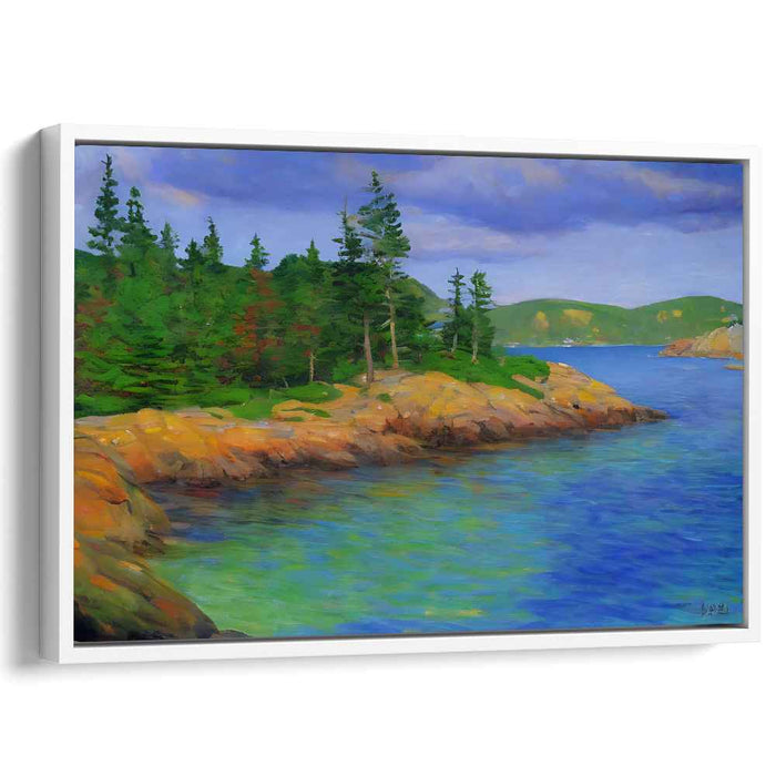 Pine Shore Serenity: Serene Landscape Painting of Evergreen Shoreline